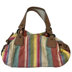 Fossil Beachy Striped Faux Leather Canvas Bag Zipper Dual Handle Pockets Boho